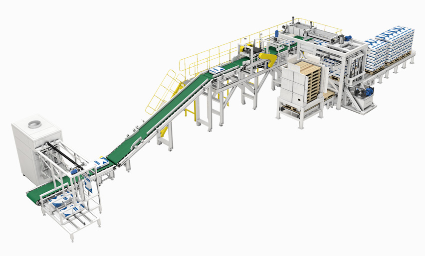陶瓷超細(xì)立磨系統(tǒng)配置的機(jī)器人包裝碼跺生產(chǎn)線(xiàn)